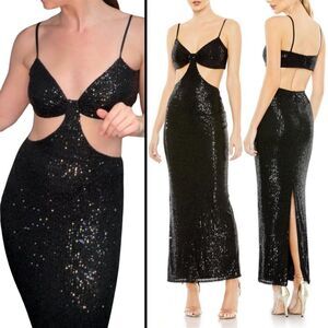 Mac Duggal Size 8 Black Sequined Sexy Long Maxi Party Dress Gown Cutout Waist